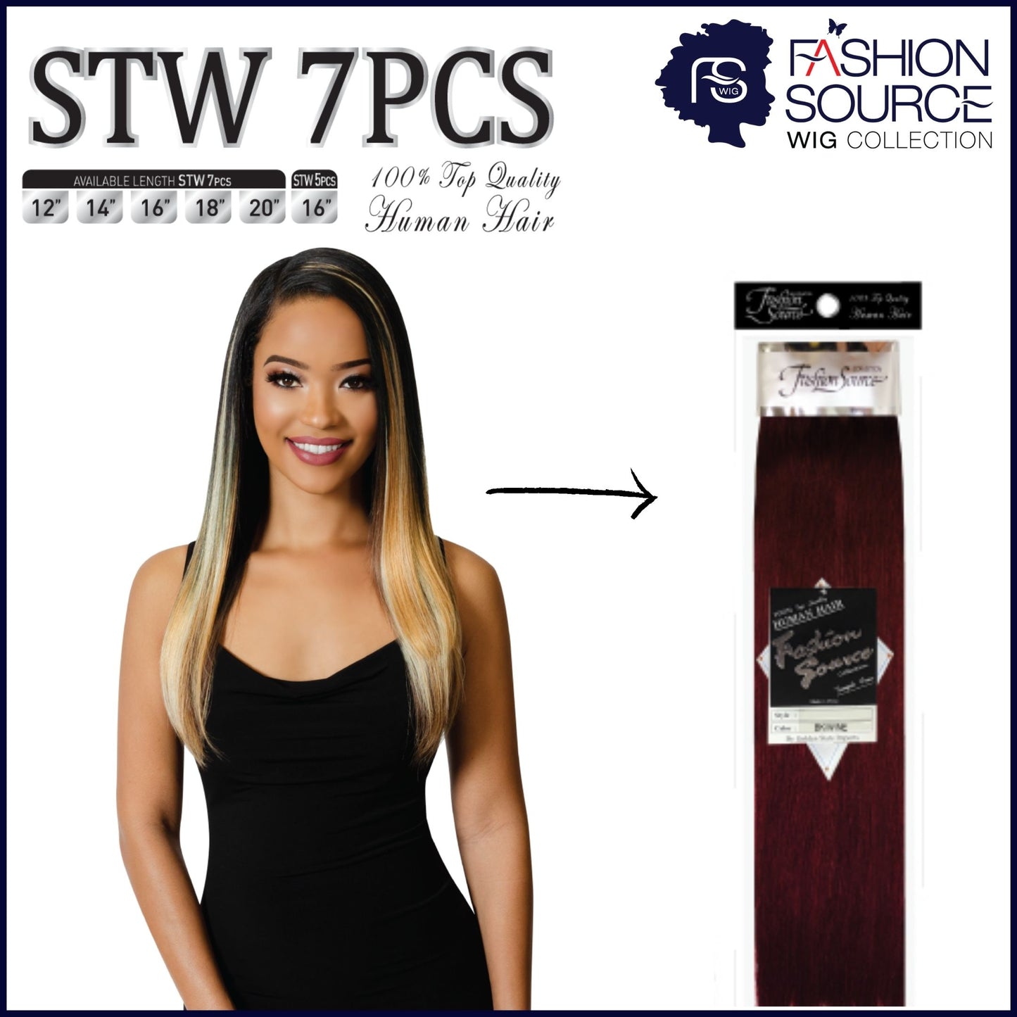 Fashion Source Human Hair STW 7 PCS Clip-In 12"