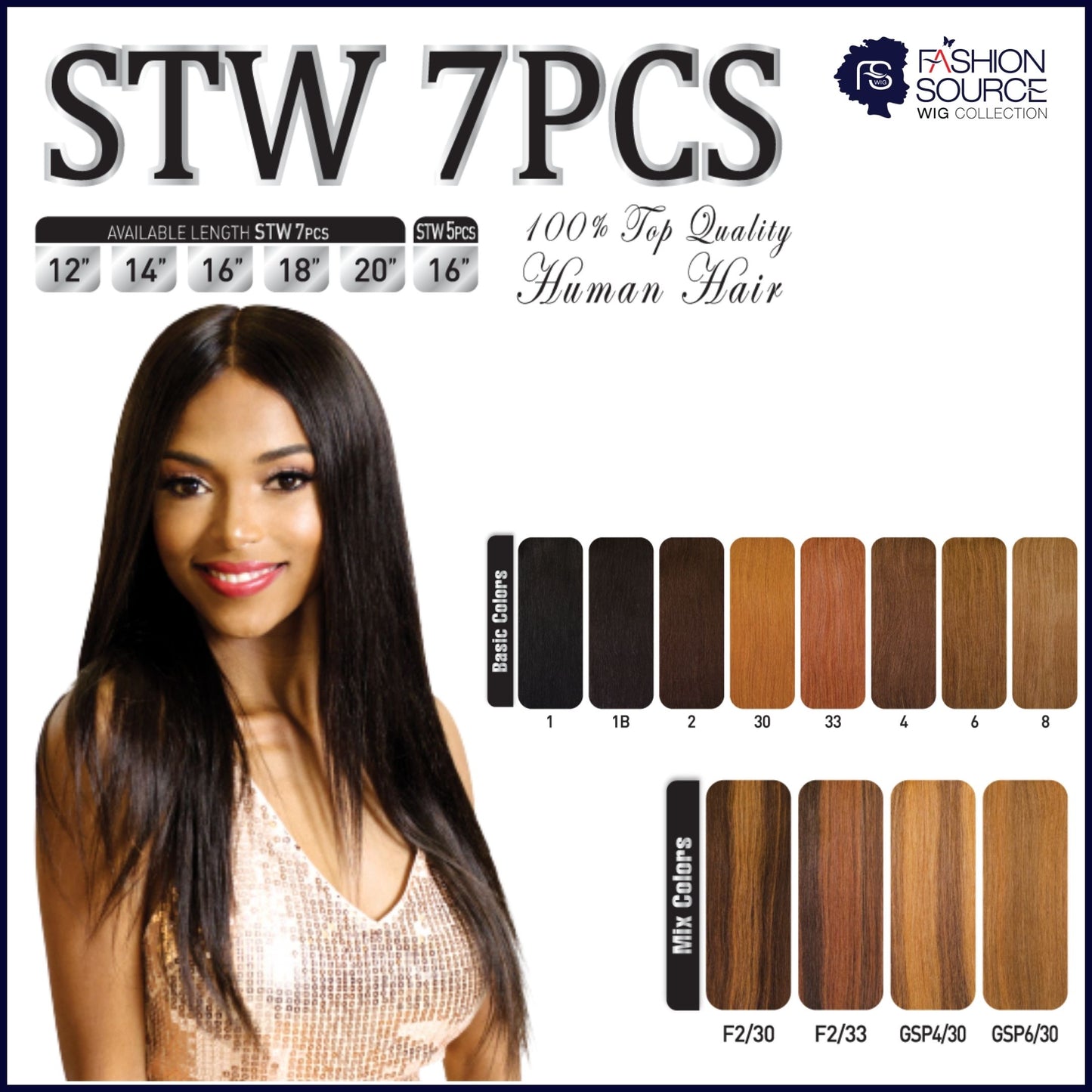 Fashion Source Human Hair STW 7 PCS Clip-In 12"