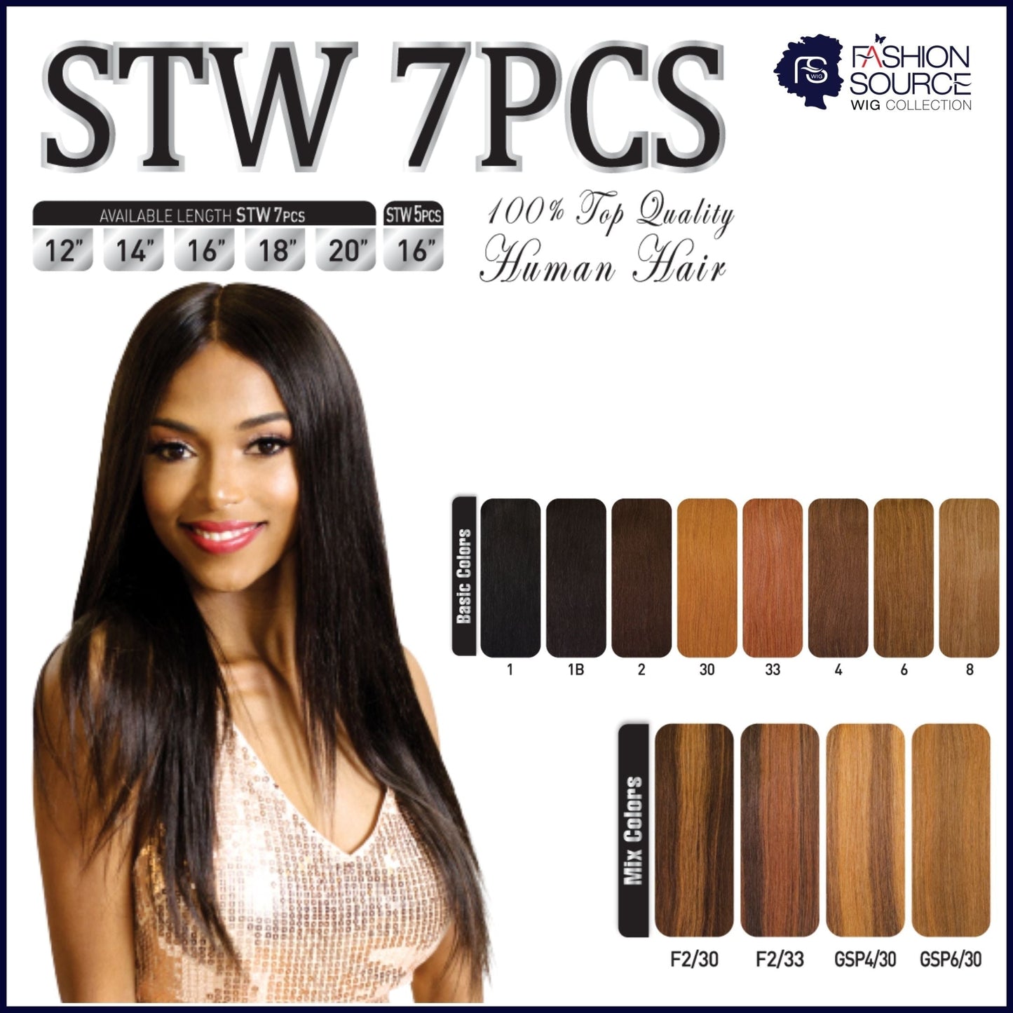 Fashion Source Human Hair STW 7 PCS Clip-In 18"