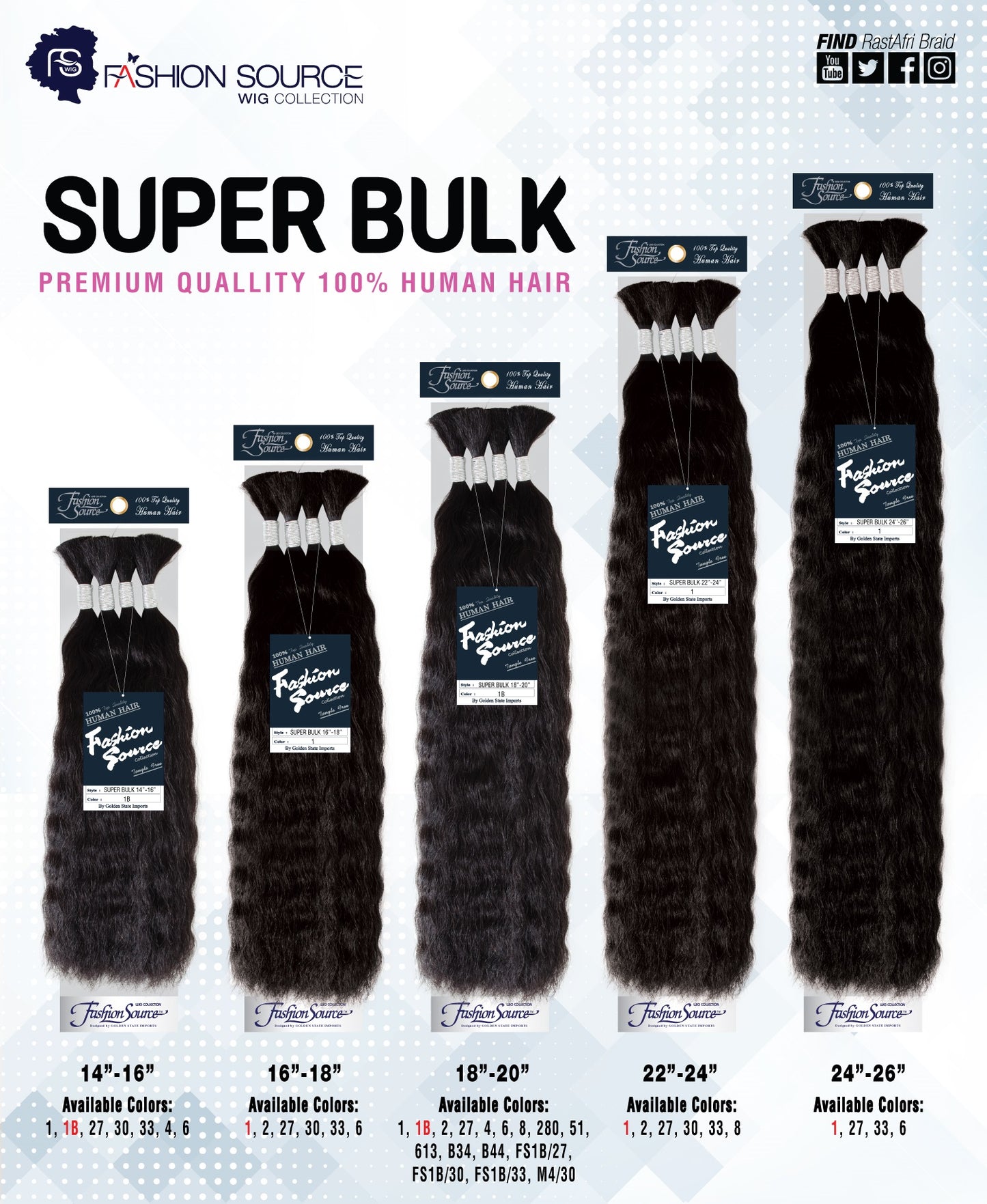 Fashion Source Human Hair Super Bulk 14"-16",16"-18", 18"-20", 22"-24", 24"-26"